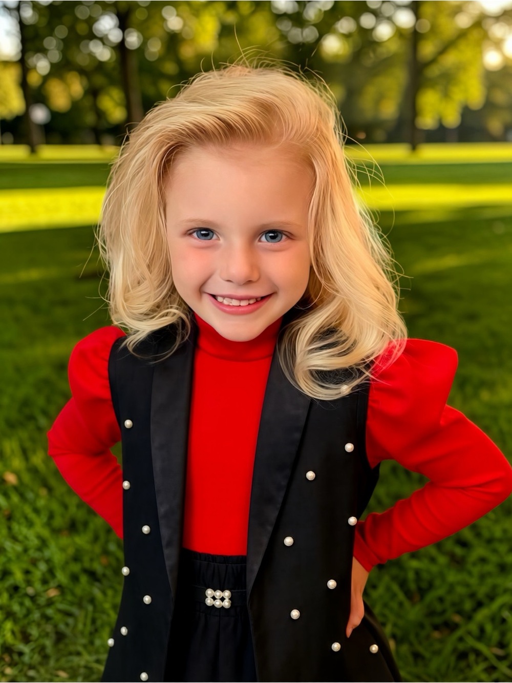 Girls Pearl-Embellished Vest, shirt and short set - Black and Red.